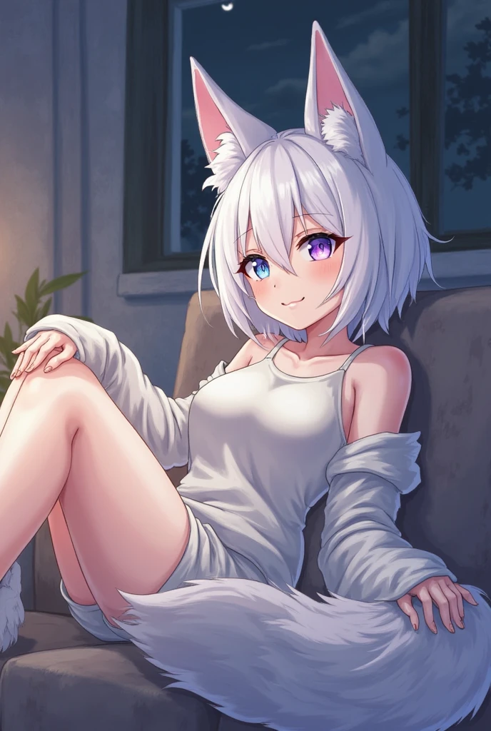 ((Top quality)), ((masterpiece)), (details), High resolution, super detailed, very detailed CG Unity 8k wallpaper, real, photorealistic, Beautiful fine face, detailed face. Pale skin, realistic shining skin. Detailed fabric texture, detailed hair texture. (Eyes with attention to beautiful details: 1.5), (Small hand), ((perfect hand)). Slim legs, detailed legs. ((Perfect Anatomy)). Perfect lighting. Break A fox girl,age:20 (Silver hair:1.3), Bob cut, ((Half smile:1.6)), (fox ears :1.6),(nine fox tail:1.6), (Slender: 1.1), (Big chest: 1.2), (Big butt: 1.2), (muscular: 1.2) (Pluffy thighs: 1.1) (japanese kimono), ((Nine-tailed fox)), Break ((lerning forward:1.3)),(((hands on knees:1.3)),Background field,