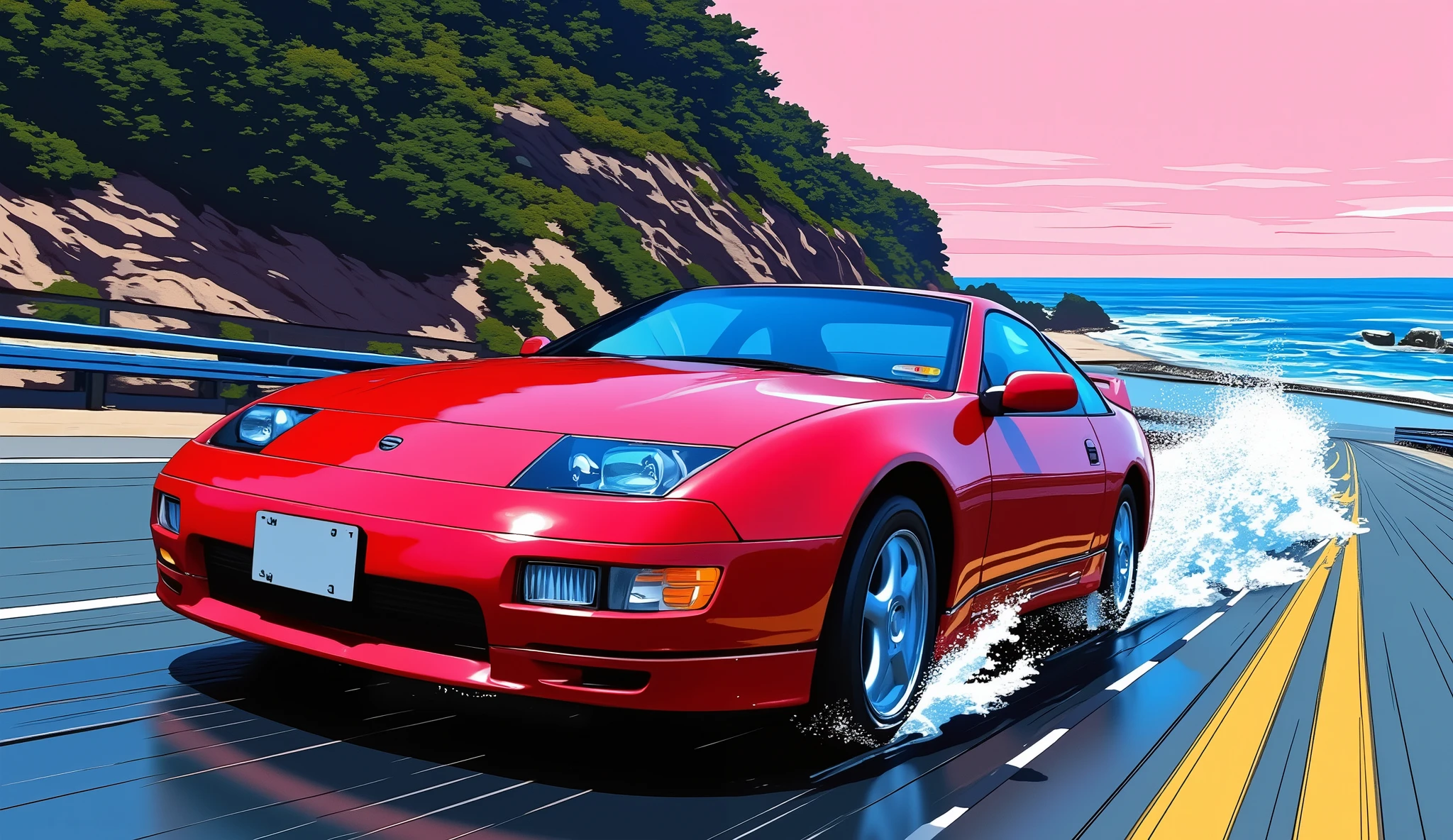 evening、Coastline、90Era、Nissan 300ZX、Bright red car body、sense of speed
