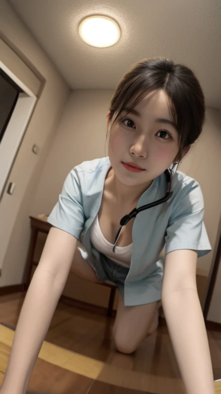 The best beauty、innocent、japanese woman, Small face、(wearing Nurse uniform)、Female nurse, sit astride a man's knees、very slim body, Slender, very long legs, very slim thighs, small butt, Beautiful clavicle、white skin, smile、RAW Photos, (8k、Highest quality、masterpiece:1.2)、(Intricate details:1.4)、(Photorealistic:1.4)、Octane Rendering、Complex 3D rendering with ultra-detail, Studio Soft Light, Rim Light, Vivid details, Super Detail, Realistic skin texture, Detailed aspect, Beautiful details in the eyes, Highly detailed CG Unity 16k wallpaper, compensate, (Detailed Background:1.2), Glowing Skin, whole body,Squat down and bend your knees,nude, show pantie ,Lower your head with your butt facing up, Leaning forward、Look up on all fours, Tuck up your clothes, Place the stethoscope on the man., Holding a man's shoulders with both hands、Lace panties、Focus on panties, front view, low angle