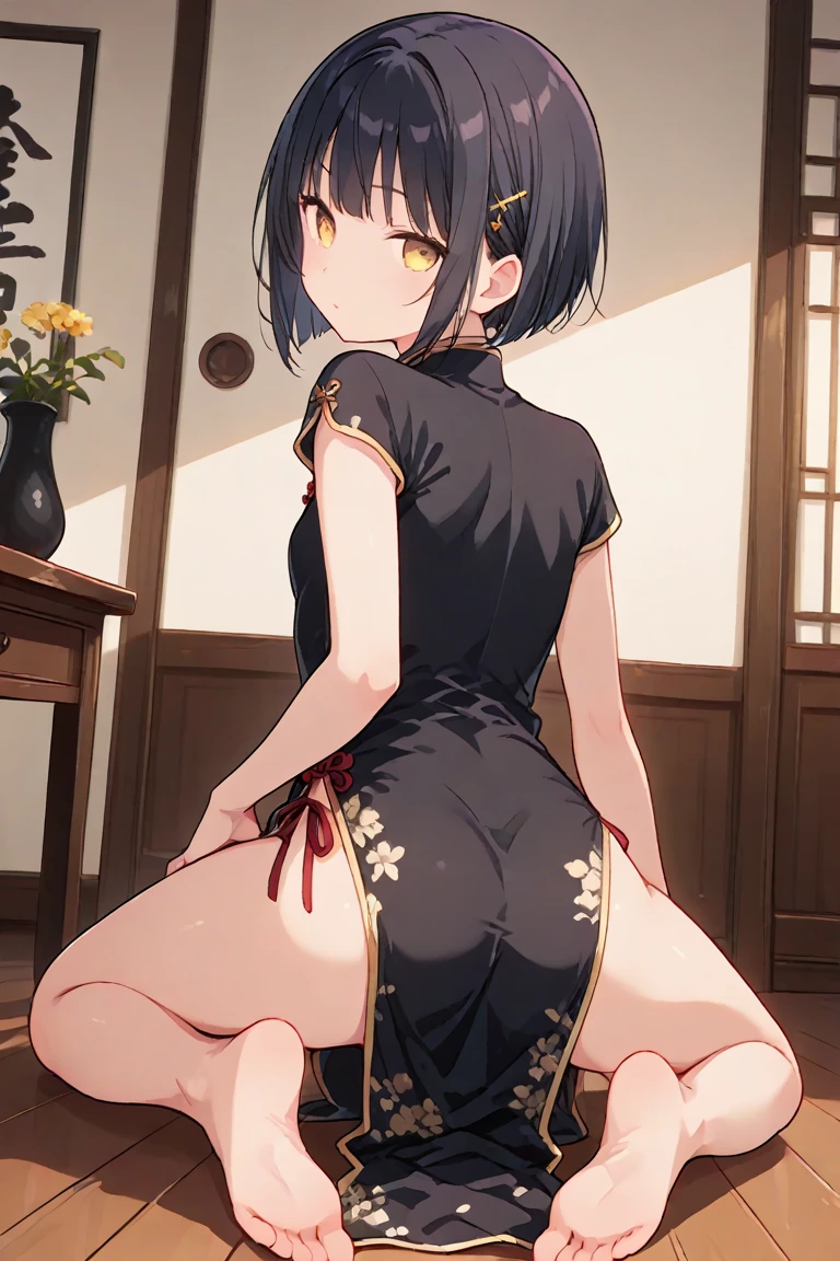 score_9, score_8_up, source_anime, solo, 1girl, dress, small breasts, young, aged down, ikuchan, black hair, black hair, oriental, Chinese dress, short dress, indoors, aftersex, cum drip, (impregnation risk), ovum, nice hips, pussy, ponytail, partially dressed, money,