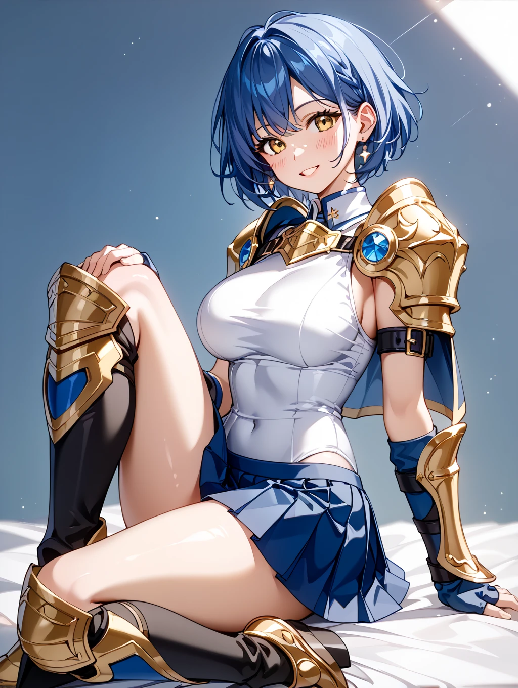 (White background:1.2),1girl,BREAK,Blue Hair, short hair, blue eyes, cute, Narrow waist, Toned Up, Large Breasts, Bare shoulders, Red neckerchief, Blue elbow gloves, Blue fingerless gloves, Pauldrons, belt, breastplate, White headband, Short dress, Dress slit, Blue tight boots, Blue long boots, Pegasus Knight Uniform (Fire emblem), blush,Open your mouth,(Her skirt is lifted up and her panties are visible,Blue and white striped panties:1.3)