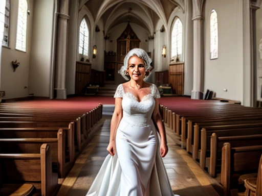 a woman walking down the aisle in the church. The pews are empty. She is carrying a bouquet of flowers. the woman is A beautiful 35-year old British woman, (mature). pale skin and freckles. reddish-brown hair, ((long bob hairstyle)), Big smile. ((She's wearing a white wedding dress, wedding veil)). Black eyebrows, strong eyebrows, high cheekbones, brown eyes, downturned eyes, ((gigantic breasts)), mature female, plump, (ultra realistic), masterpiece, best quality, highly detailed, best image, HD, professional photography, film grain, depth of field, bokeh, cinematic, posing, highly detailed, dark atmosphere, feminine expressions,