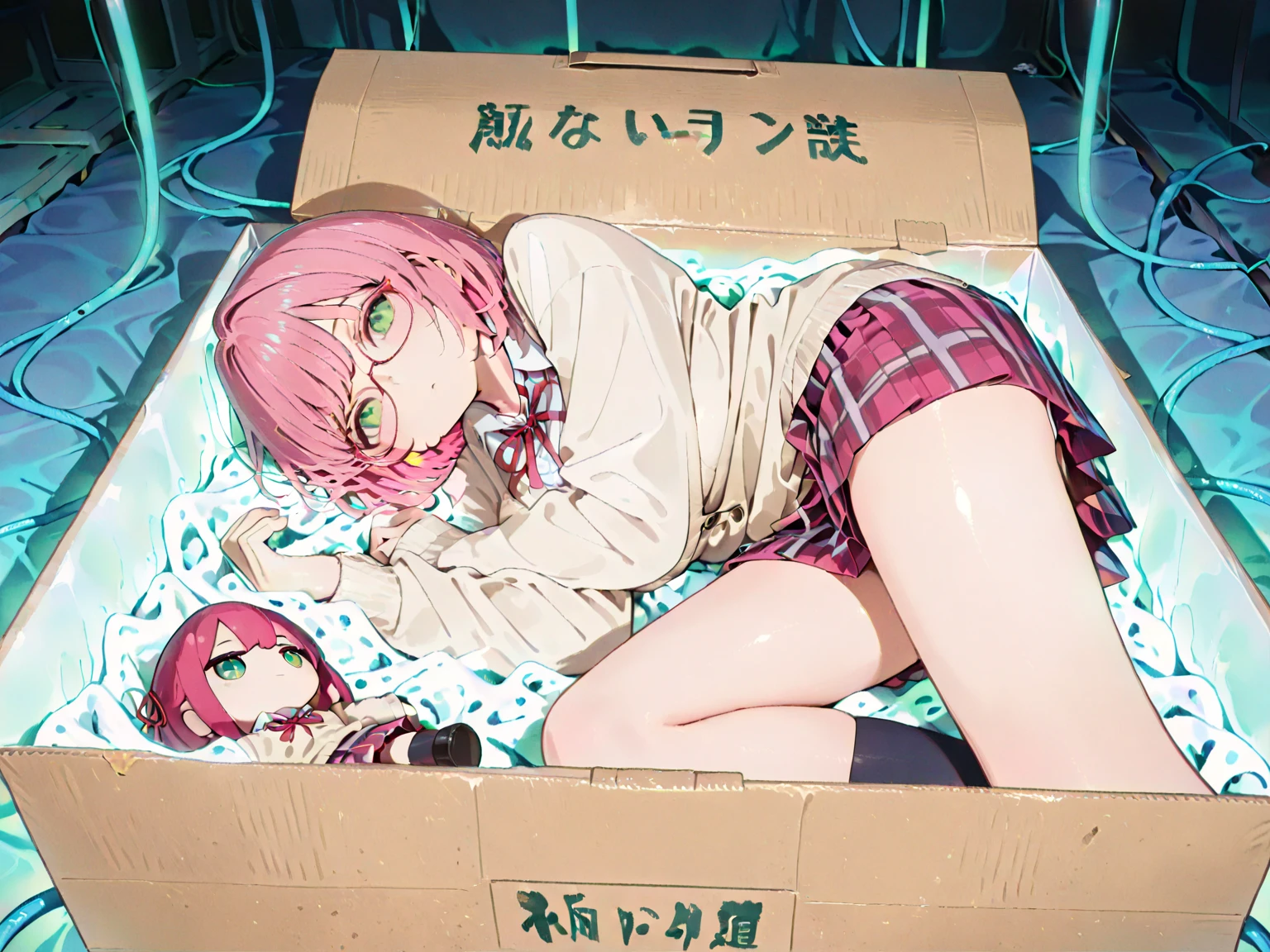 KurumiSchool, low twintails, hair over one eye, , black jacket, blue skirt, neck ribbon, black pantyhose, in_box, nsidebox, boxrelaxed, in box, in container, inside cardboard box, box with packing peanuts, box with doll, various kinds of expressions
