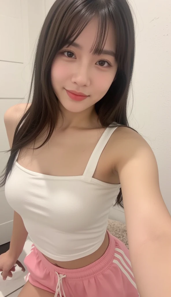 ((highest quality, 8K, masterpiece :1.3)), 1 girl, Beautiful woman with accentuated slender abs: 1.3, (long hair, big breasts: 1.2), Oversized Tank Top: 1.2, ultra-delicate face, delicate eyes, double eyelid, smile, Home、spread legs、Pussy