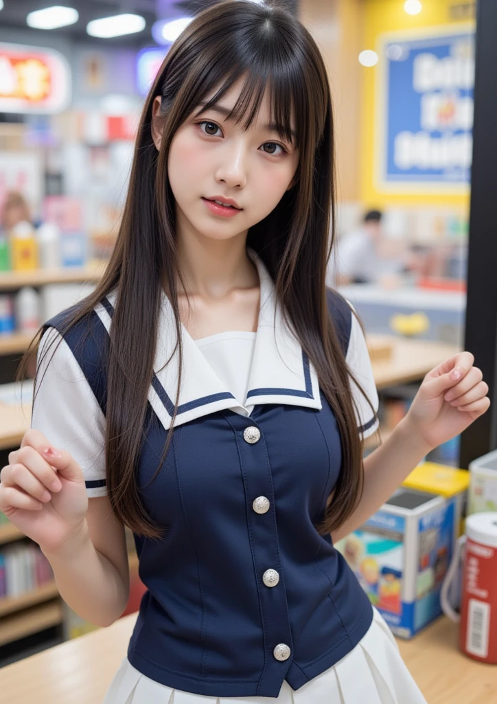 (highest quality,masterpiece:1.3,ultra high resolution),(Super detailed、caustics) (Photoreal:1.4, RAW shooting、)ultra-realistic capture、very detailed、natural skin texture、masterpiece、(junior high school sailor suit:1.3)、1 Japanese girl、adorable expression、expression of happiness、14 years old、young face、surprisingly cute、twin tails、curly hair、black hair、Scrunchie、light makeup、Big breasts that are about to burst、Sit on a chair and open your legs to the left and right、Filmed in a junior high school classroom、Shining thighs、summer sunshine、smile、inviting gaze、