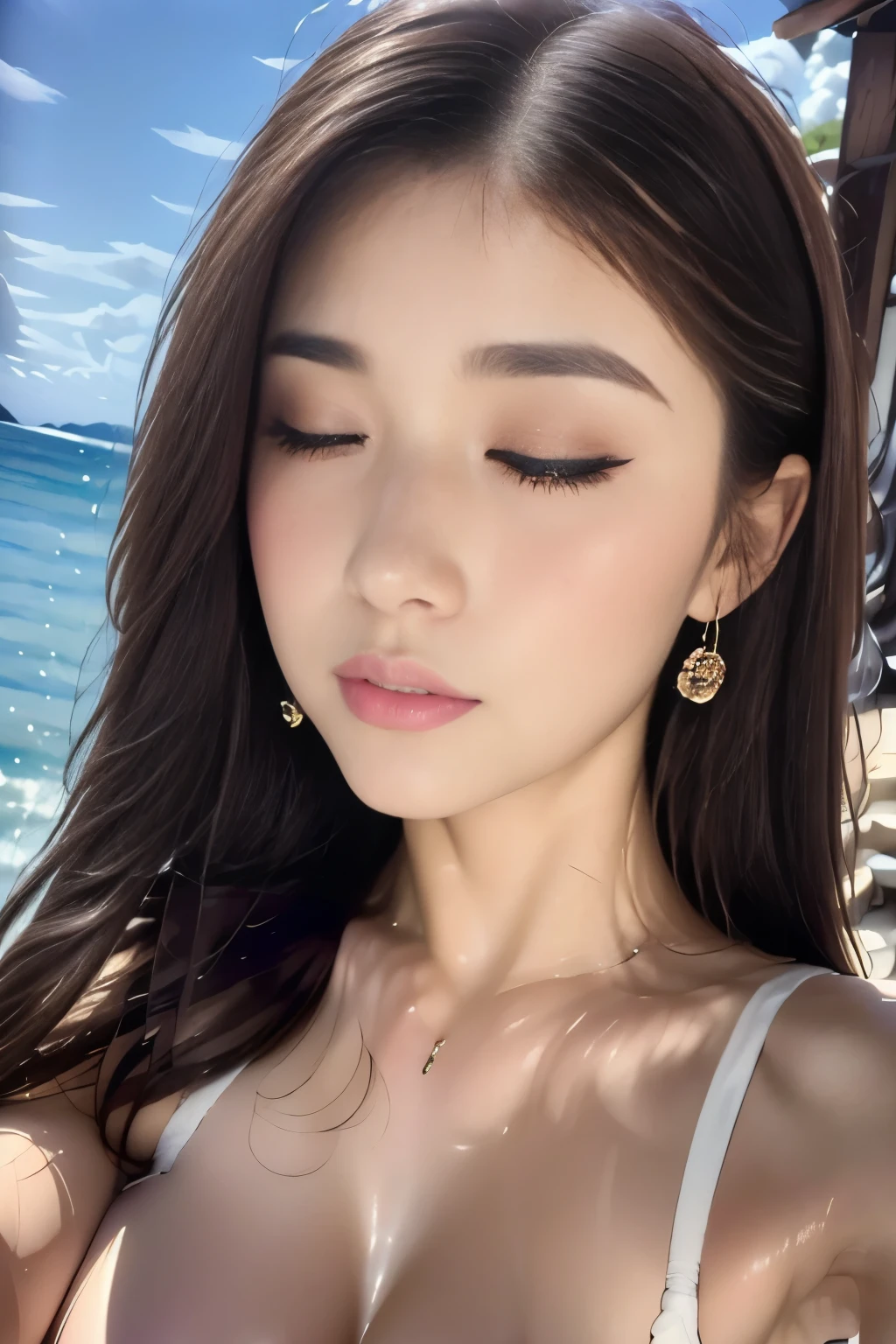 ((Highest quality, 8k, masterpiece :1.3)),model,outside,Tokyo Disneyland,Cinderella Castle,erupt,(Full Body Shot),((close your eyes)),look up,Big Breasts:1.3,Saggy breasts,Dynamic pose,Looking into the camera,Red lipstick:1.2, double eyelid,(White Micro Bikini),(masterpiece: 1.3), (Maximum resolution: 1.4), (Ultra-high resolution: 1.2), Cinematic Light, Ultra-high resolution, Detailed eyes and skin, 8k resolution, Perfect Style, Beautiful expression,Highly detailed face,Glossy Lips:1.2,Straight Hairstyles,look forward to,Very tall,blue sky,From above