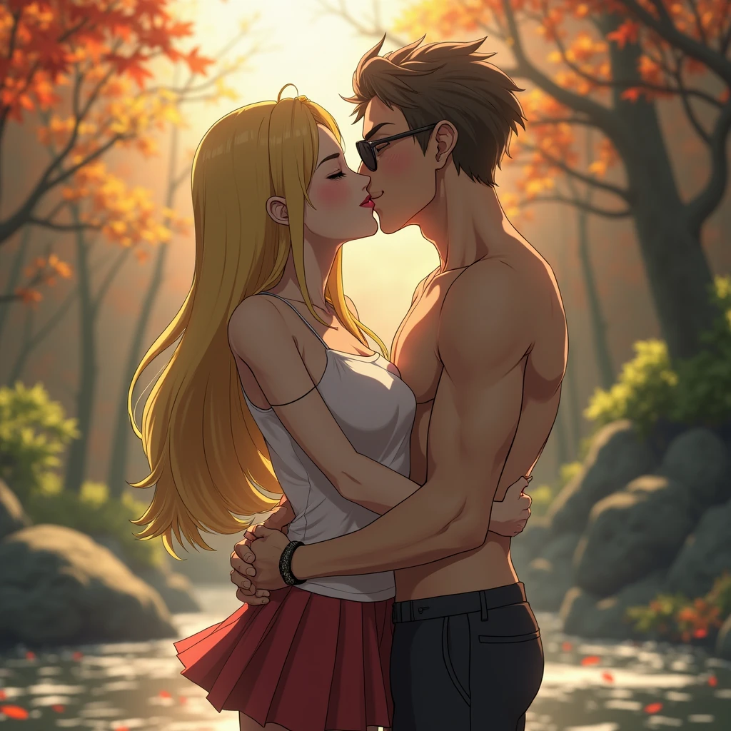 masterpiece, best quality, unity 8k wallpaper, illustration, very detailed, ((ache,moaning,여성 1 person,1 person, first sound)), whole body,wet clothes, sweat, Warmth, stiff, big bust, plump body ((in the forest))(((Forcibly kissed)))(kiss a man),solid brown male body
