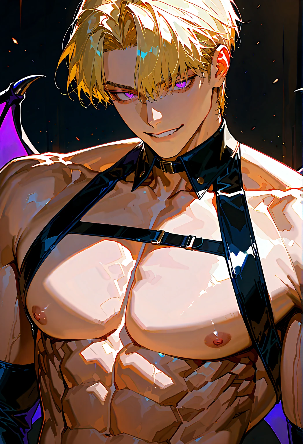 NSFW, ((​masterpiece)), ((Best Quality)), ((extremely delicate and beautiful)), ((Completely and perfect body)), (Perfect and delicate 2 hands with 5 fingers),
 ((In the church of evil at night)), (((One beautiful adult man with blonde hair and red eyes is evil demon))), (((He is standing proudly and showing off his big erect penis hard))), (evil magic circle that shines ominously purple), He is wearing a black cloak, He wears a black choker that glitters ominously, (empty eyes, drooling, evil smile), slender, well-muscled, flat chest, He has a glowing heart-shaped magic circle tattoo on the center of his chest, (Blush with aroused), His body has no pubic hair at all, Lower half naked, Focus on character,
