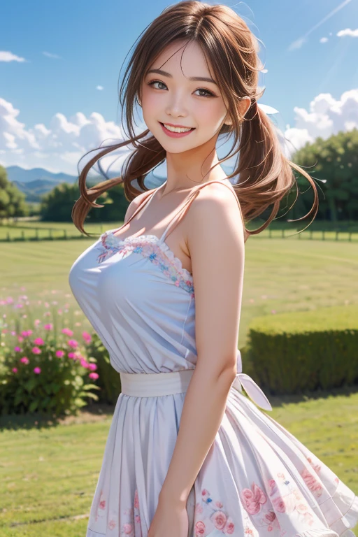 (highest quality, 32k, High resolution, masterpiece:1.5, ), marimo_jet, A swirl of clear air and soft light, A sense of serenity and elusive beauty, Beautiful Japanese Girls, An exceptionally beautiful face, Small Face Beauty, Perfect Human Anatomy, Magical big eyes, Motherhood and generosity, Deep Love, fleeting smile, ((Shiny brown hair:1.3), (Beautiful ponytail)), Asymmetrical bangs, Hair between the eyes, Transparent, soft white skin, Sharp eyebrows, Thin lashes, Natural Makeup, Cheek highlighter, Pale pink detailed lips, , ((Elegant black floral dress)), Beautiful collarbone in high resolution, High resolution beautiful bust, Slim figure with ample breasts, High resolutionの美しい太もも, ((Spring plateau)), Colorful flowers, Soft sunlight, Beautiful grasslands stretching to the horizon, Blue sky, Professional Lighting, Professional photographer, Professional models, mysterious
