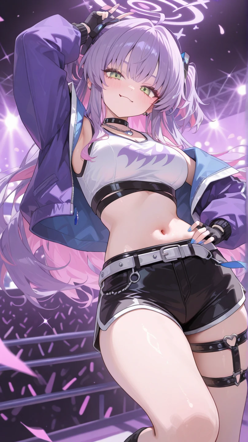 Illustration, Movie Light, High Resolution, Best Quality, Ultra Detailed, Detailed Face, (Detailed Eyes), Best Quality, Ultra Detailed, Masterpiece, (Detailed Face), Pretty Face, Best Smile, Sexy Mature Woman, (Oversized Pop Art Jacket, Mini Underboob Tea, Slim Waist with Open Navel, Denim Skirt with Buckle Belt: 15), D Cup, Cleavage: 2, Floating Cloth, See-through, Choker, Open Cross, NSFW, High Heels, Red Eyes, Neon Small Glowing Hair Edges, Mesh Hair: 5, AI Fantasy Concert, Idol, Glowing Lighting with Neon Details, Dark Magic 💕, (Live Stage: 1.15) To the audience in the background, singing with the buttocks sticking out: 5, light reflection, heart-shaped iris, Playful eyes, open shoulders, rain, (wet body), small shiny butterflies, hair jewelry, panties, (cute embroidered white string panties: 4)