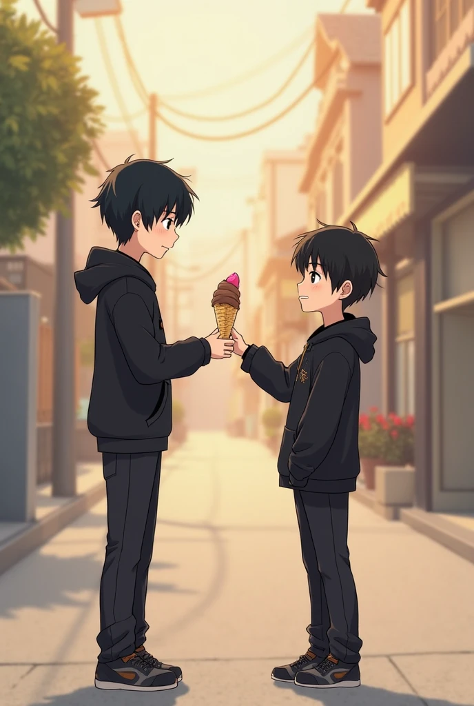 Anime sexy guy in black t-shirt, licking ice cream
