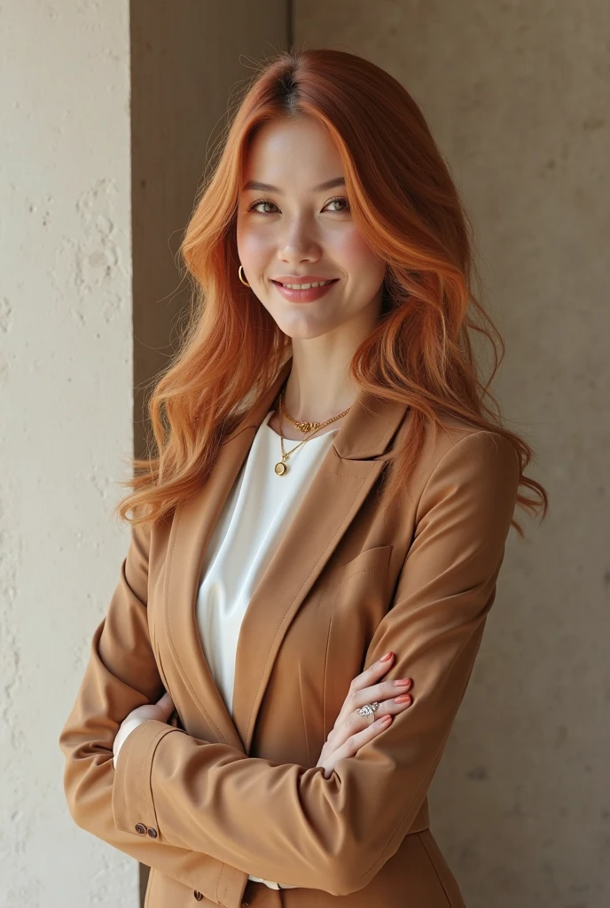 Highest quality, 1 Beautiful Woman, 28 years old, S, 35mm lens,, Cowboy Shot, Specific Background、Mortar style background、Reddish-brown hair color、Cross your arms、Brown gingham tailored jacket、Mortar wall,From below、Straight hair、Straight hair、Shiny Hair,Silky Hair、Ear to ear smile,"Reddish-brown hair color"、Pixie Cut,Pixie Cut,bracelet
