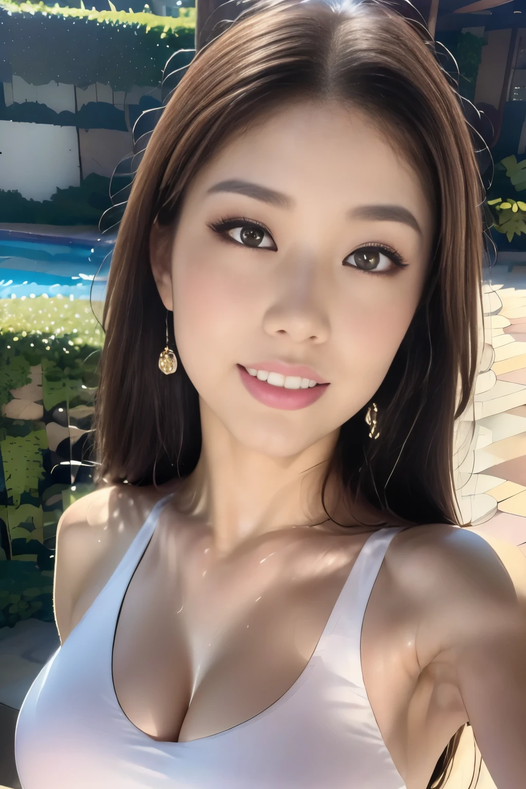 ((Highest quality, 8k, masterpiece :1.3)),model,outside,Tokyo Disneyland,Cinderella Castle,erupt,(Very close),((Affectionate smile)),Look Up,Big Breasts:1.3,Saggy breasts,Dynamic pose,Facing forward,Red lipstick:1.2, double eyelid,(White Micro Bikini),(masterpiece: 1.3), (Maximum resolution: 1.4), (Ultra-high resolution: 1.2), Cinematic Light, Ultra-high resolution, Detailed eyes and skin, 8k resolution, Perfect Style, Beautiful expression,Highly detailed face,Glossy Lips:1.2,Straight Hairstyles,Very tall,blue sky,From above