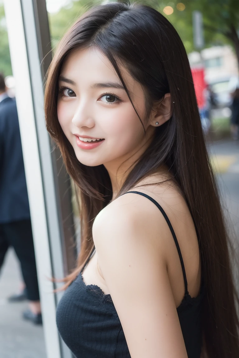 ((Best quality, 8k, Masterpiece :1.3)), 1girl, smiling, full body, slim face, Pretty woman, (Dark brown hair), full length dress :1.1, Ultra-detailed face, Detailed eyes, Double eyelid, blur background, slim face, city, outside, street,