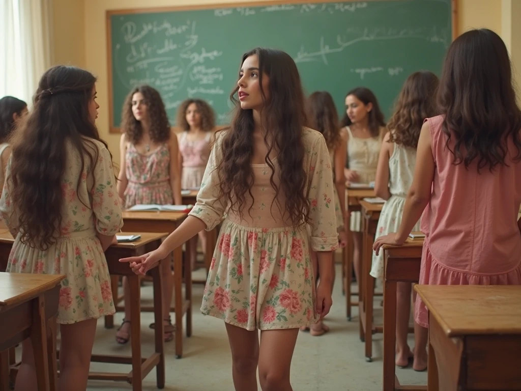 A very attractive girl (26), long curly brown hair, has to pee extremely bad while waiting in line for the bathroom at the pool. She is wearing a skirt and she is about to burst. Make sure that it is clear that in the image she does indeed have to pee really bad.