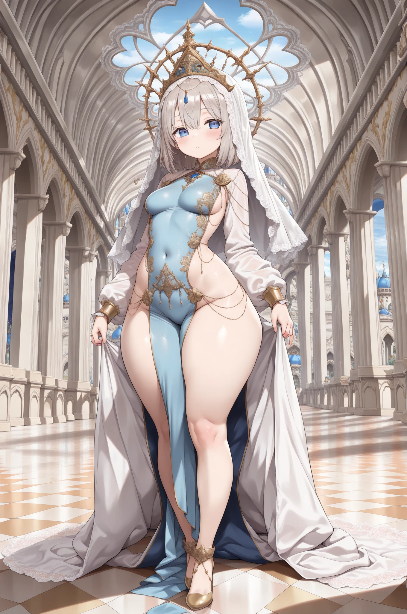(masterpiece:1.37), best quality, (extremely detailed:1.37) plegianTh, two side up, hair ornament, feather hair ornament, (bodystocking:1.5), bracelet, gold jewelry, bridal gauntlets, anklet, breasts, (wetting herself:2.0), standing straight, full body day, daytime, glow, facing viewer, perfect composition, full body, medieval, castle, desert