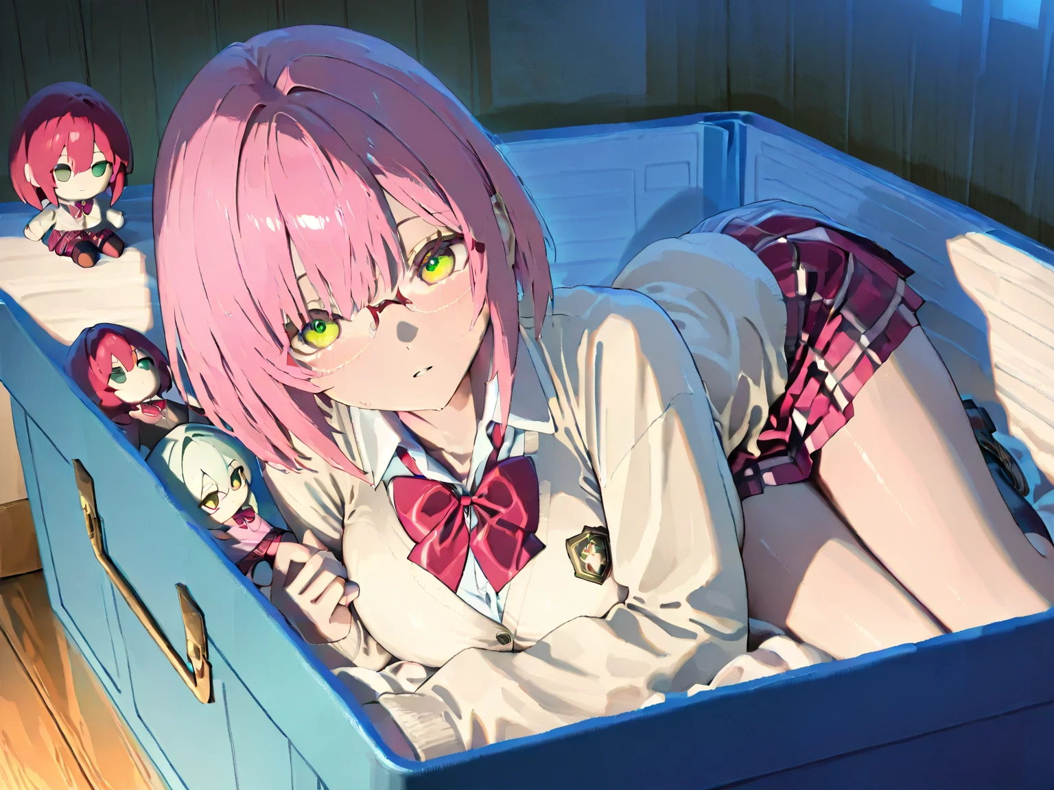 natsuki (ddlc), short hair, pink colored hair, pink colored eyes, small thigh, small chest, small body, school uniform, anime art style, doki doki literature club art style