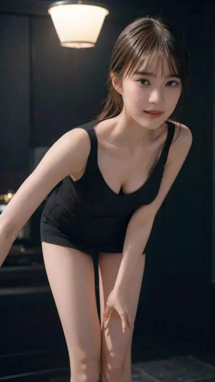 ((((8k))),((Extremely meticulous CG)) ,(wallpaper),16k,((Extremely refined and beautiful)),(((Masterpiece))),(((best qualtiy))),(((Ultra High Resolution))),beautiful light up,Perfect lightning,realistic shaded,(A high resolution),(Smooth and flawless fair skin:1.5),(pale skin:1.3),(Extremely exquisite facial details:1.3),(perfect body:1.1),(ultra - detailed),A beautiful girl,solo,small head,(shoulder length straight black bob hair:1.1),(small face:1.2),Exquisite makeup,(blush:1.5),(sweat:1.3),(shiny skin:1.5),(small breasts:1.1),flat chests,slim,thin,happy,(Smile:1.2),(red tank top:1.5),(red underwear:1.3),(slippers:1.2),(night scene:1.5),indoor,(In the laundry room:1.5),(Many washing machines:1.3),(detailed background:1.5),(sitting on a stool:1.3),(full body:1.3),(from front:1.3),