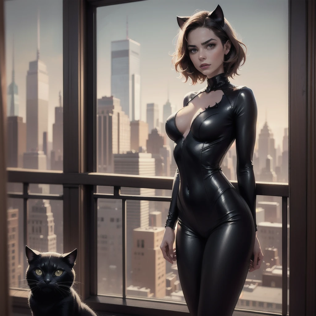 Sexy catwoman with a cat in her arms with gothic city background.