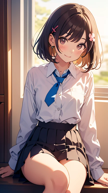 Uma garota sentada em cima de uma mesa,escola, 1girl, solo,sala de aula, uniforme escolar, saia, meias longas, decote, olhar sedutos, Left hand on breast, hand on skirt, sorrindo, olhando para o vizualizador, primeira pessoa, corpo perfeito, olhos perfeitos, rosto angelical, roupa detalhada, Near the viewer, perna aberta, seios molhados, cabelos dourados brilhantes, cabelo curto, apontando para o vizualizador, cabelo dourado brilhante, cabelo com franja , olhos amarelos brilhantes, inclinada pra tras