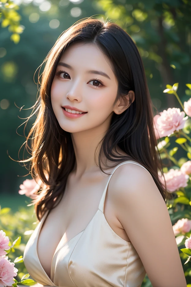 1 Attractive、((highest quality、8K masterpiece:1.3))、sharp focus:1.2、(super beautiful face:1.0)、(shiny skin:1.0)、realistic pictures、black haired、black eye、video writing、High resolution eyes and face、video writing、(cute korean actress)、from the front、beautiful breasts、smile、The beauty of slender abs、whole body、Wearing a see-through T-shirt、On a hill with falling cherry blossoms