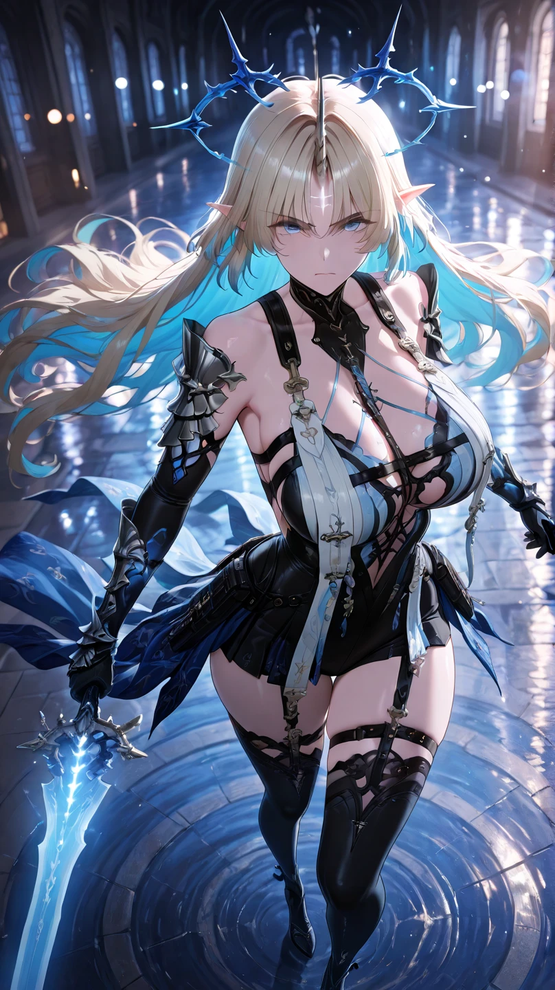 top-quality、Top image quality、​masterpiece、Teenage girl((Long coat in black、Black Leather Sports Bra、Shining red body line、black leather glow black leather pants、18year old、 Ager、Best Bust、big bast,Beautiful light blue eyes, Long Blonde Hair、A slender,Large valleys、Reflecting the whole body、black mechanic helmet、Black visor、With revolver、fighting poses)),hiquality、Beautiful Art、Background with((Dark world、Darknesian dragon army、demon realm))​masterpiece、depth of fields,Japan Anime Style