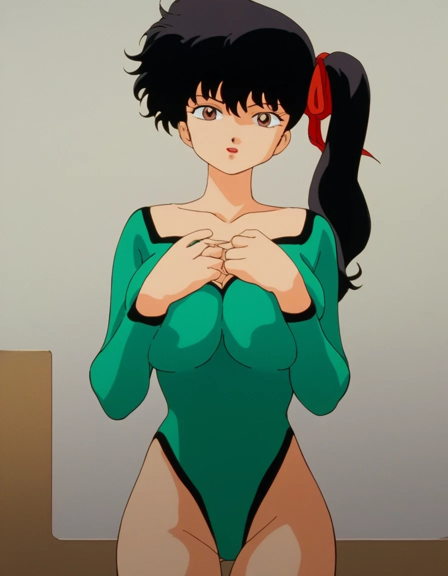 1girl,looks like Videl, solo, chart, las vegas, casino, night, arms behind back, black hair, brown buzzcut, topknot, green eyes, pale skin, turquoise blouse, denim shorts, step bars, pauldron, medium breasts, (closed eyes:1.2), smile .EPTakeuchiNaokoStyle, 1990s \(style\), anime screencap, retro artstyle, anime coloring, traditional media,spandex, gloves,arms up,armpits, armpits,sweat,sweaty,sweaty armpits,awesome armpits,sweating ,sleeveless,exhausted,tired, wearing arm bands,arms raised,very tired,sweating,arms raised,both arms raised,sweaty,red arm warmers,red arm bands
