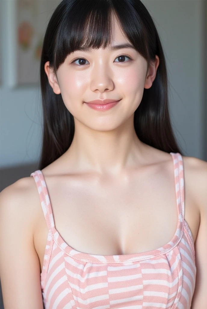 Primary school students, upper body, big eyes, flat chest, (arms behind back:1.1), make up:1.3, white bra
