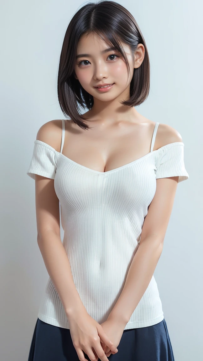 masterpiece, highest quality, High resolution, Photorealistic, RAW Photos, 8k wallpaper, perfection, Professional Lighting, Very detailed, Written boundary depth、 (1 45 year old Japanese mature woman:1.2)、(Accurate anatomy:1.1)、(Soft and plump body), Sexy Woman, Detailed face, Beautiful Eyes, bangs, Soft and plump breasts, (Classy and elegant plain white sleeveless top:1.1)、(An elegant and ladylike navy plain tight skirt:1.2)、perfectionなメイク、Long eyelashes、Dark lipstick、Straight Very Short Hair, Plump and beautiful lips, ((Looking at the audience, smile))、Upper body photo、(Moody luxury hotel bedroom:1.1)、Romantic and warm lighting at night