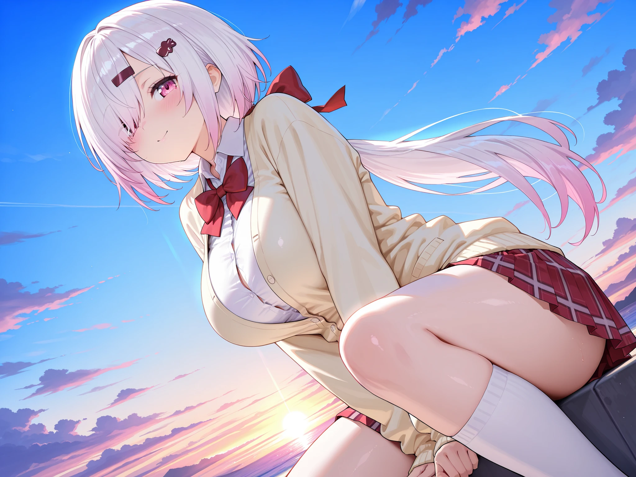 solo,masterpiece,best quality, amazing quality, highres, absurdres, very aesthetic, high resolution, ultra detailed, perfect details,nijiyuika,large breasts,pink eyes,gradient hair,light pink hair,white hair,round face,long hair,hair over one eye,low ponytail,hair ribbon,hairclip,nijiyuikacos,white shirt,collared shirt,red bow,cream-yellow cardigan,red skirt,miniskirt,plaid skirt,pleated skirt,white socks,short socks