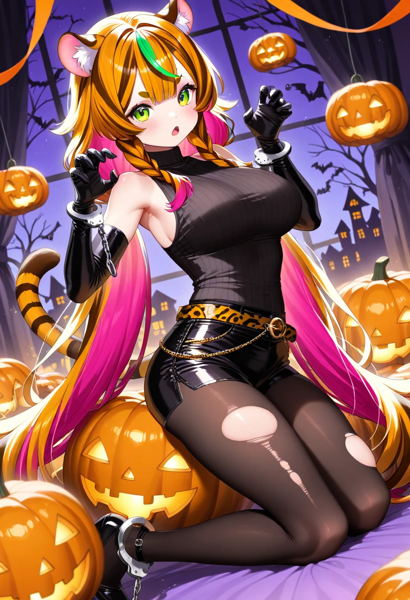 there is a girl sitting on a pile of pumpkins, an anime drawing inspired by rossdraws, tumblr, gothic art, cute, cute, in a halloween style, halloween art style, :: rossdraws, detailed fanart, artgerm and rossdraws, official fanart, cute art style, masterpiece, detailed hand, perfect face