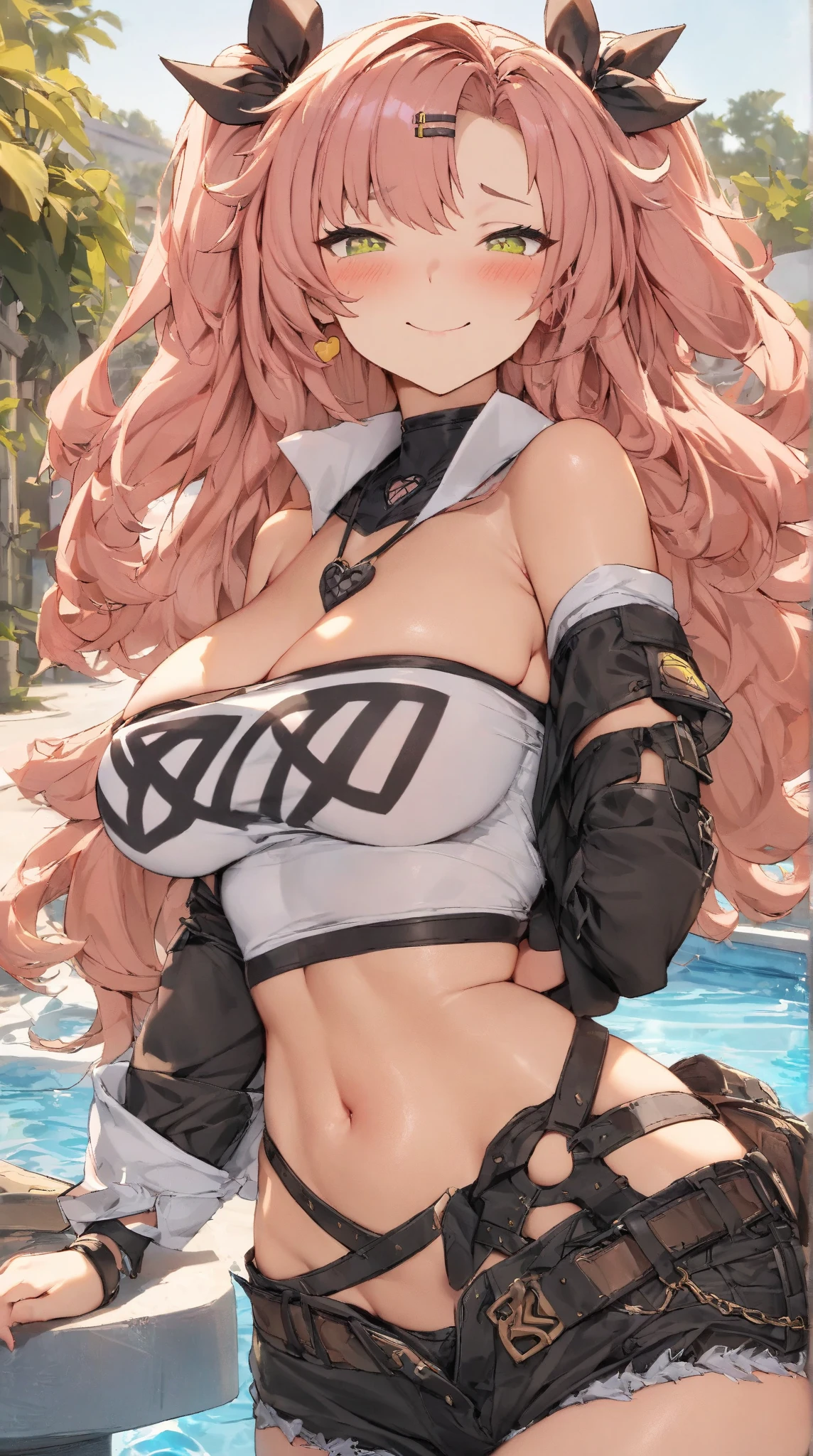 masterpiece, milim nava, tensei shitara slime datta ken, solo, :d, big smile, fang, sidelocks, pink hair, long hair, navel, asymmetrical legwear, bangs, best quality, outdoor,curvy