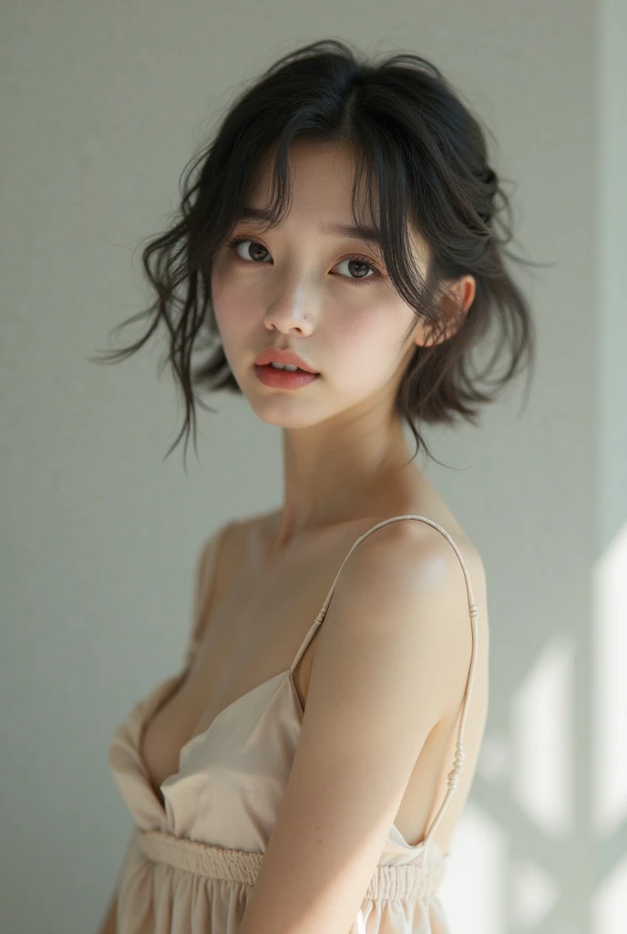 (masterpiece, Highest quality:1.4), Award-winning full-body photography, 8k, 85mm, alone, Beautiful Face,14 Talents、Smiling Kindly、 Cute hairstyle、Cute Necklace、Great style、Cute face like a Japanese idol、Baby Face、Beautiful Eyes、Beautiful clavicle、((((Completely ?????))))、Cute hairstyle、Shapely breasts、Smiling Kindly、Blushing and embarrassed