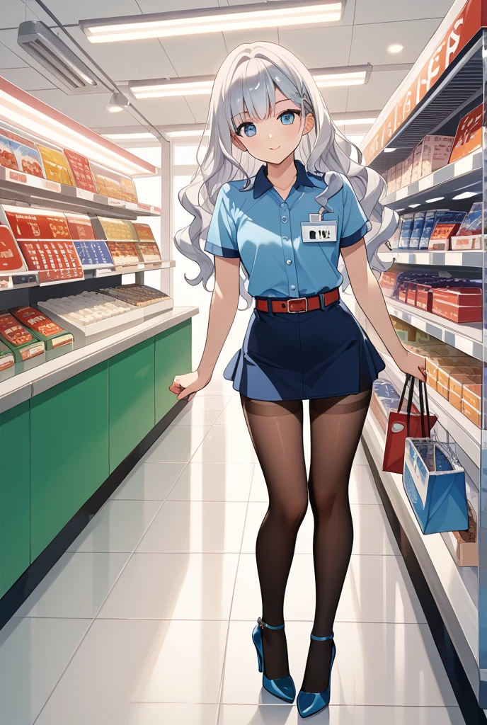 ((Bea pokemon)), (masterpiece:1.2, best quality), realistic, (real picture, intricate details, depth of field), ((1girl:1.2)), parted lips, highly-detailed, gorgeous perfect face, (skindentation), tanned skin, average waist, tall, ((short white hairs)), beautiful grey eyes, looking at viewer, confident smile, toned body, large breasts, thicc, retail worker, ((supermarket)), ((blue shirt:1.3)), ((headset)), buttoned top, blue polo, black jeans, filling cabinets, loose top, inside