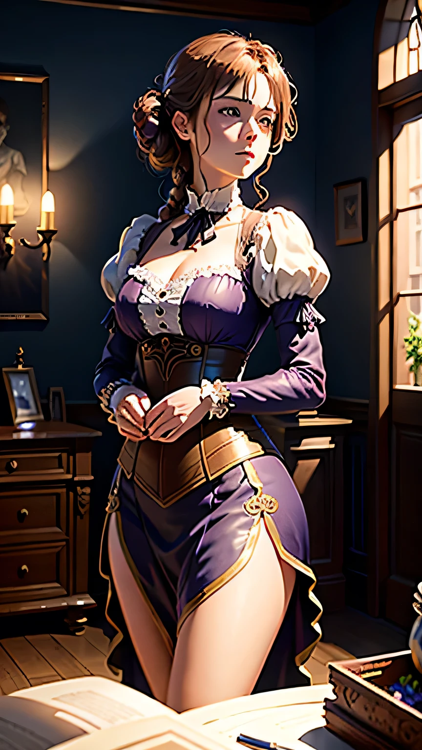 Masterpiece, ultra detail, high quality, 8k cg, huge breasts, lisadef, blush, bright eyes, standing, indoors, slim body, narrow waist, city mondstadt