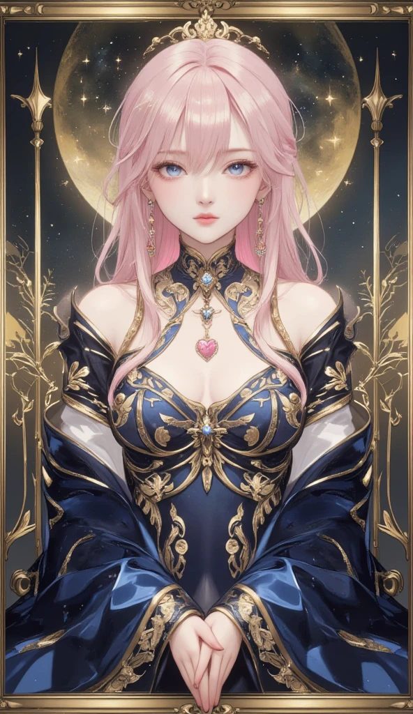 Anime girl with short pink hair and gold jewelry in front of black background, onmyoji detailed art, anime goddess, portrait onmyoji, Onmyoji, the goddess artemis smirking, goddess of the moon, intricate gorgeous anime CGI style, Beautiful fantasy empress, Works of the Goddess of Sorrow, goddess of the moon, goddess of the moon, (Detailed eyes:1.4), (Perfect Anatomy:1.2), (The tattoo)