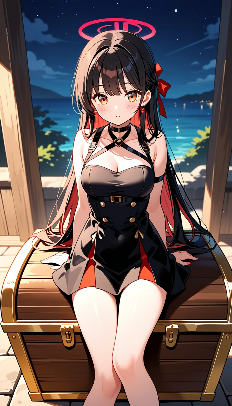 Black hair、long-haired twin-tails、Red right eye、The left eye is golden、Red and Black Lolita Dress、Different left and right eye colors、Black tights that don't show bare feet、Black long boots、Smiling、delicate finger、Graceful behavior、Kyozo Tokizaki、Black and red Lolita headdress、1人の女性、cleavage of the breast、Long skirt、to stand