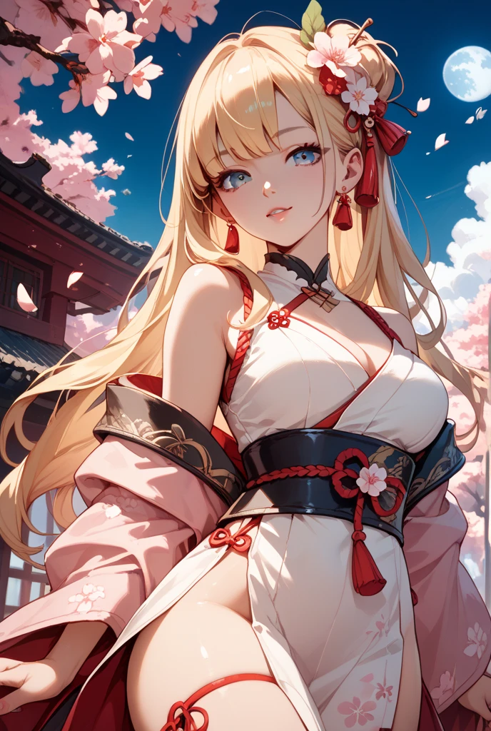 Female gyaru, twintails Blonde hair, Blue eyes, dark brown skin, large breasts, thick hips, wearing a pink qi pao, a temple in the background