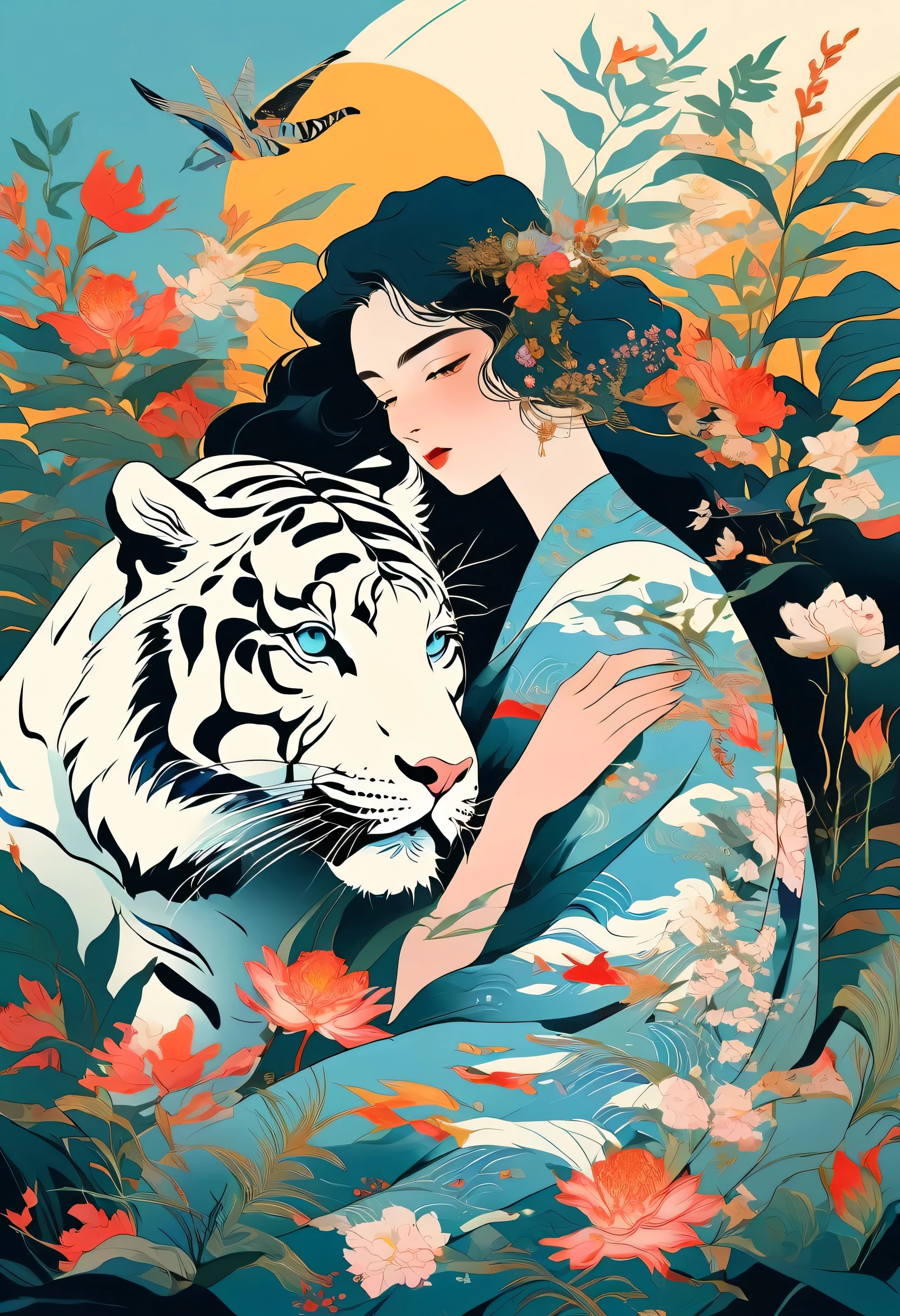 Elegant and Sensual Illustration Movie Poster Art ,  Retro and Vintage  , silky flowers around the body , No Anatomical Failure、Behind Matte Paint , Hannah Dale, Hironaka Harumi, Super soft color ,  a super large white tiger stands behind a vibrant,  pastel ,  and high precision,  digital art ,  high contrast, Dramatic, Blue-white porcelain、XUER poster art
