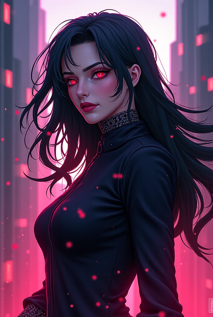 Tall and strong character with long black hair, and with white ribbons and red eyes