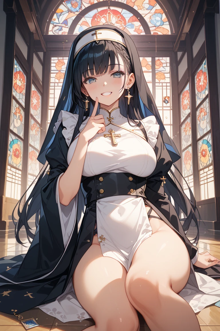 hinata(blue archive), large breasts, red eyes, solo,habit, nun, prayer pose, long hair, halo, blush, asymmetrical bangs, looking at viewer, smile,, 1girl, black hair, very long hair, hair over one eye, bare legs, cross, closed mouth , white pantyhose, white legwear<lora:Wakaba_Hinata:0.7>,((glasses))