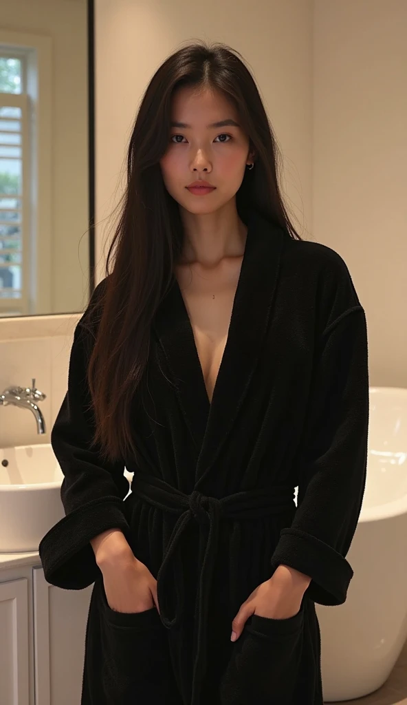 One woman of about 20 years old, black long hair, body measurement 36-25-36, height 5'7",Hazel eyes, wearing closed bathrobe, bathing dress, smiling, before bath, Full Body full height Shooting, Masterpiece, mobile Photography, daylight, 8k, Top Quality, Fine Pore, Photorealistic, Ultra Detailed, (high skin detail:1.2),Extremely detailed,Intricate, sharp-focus