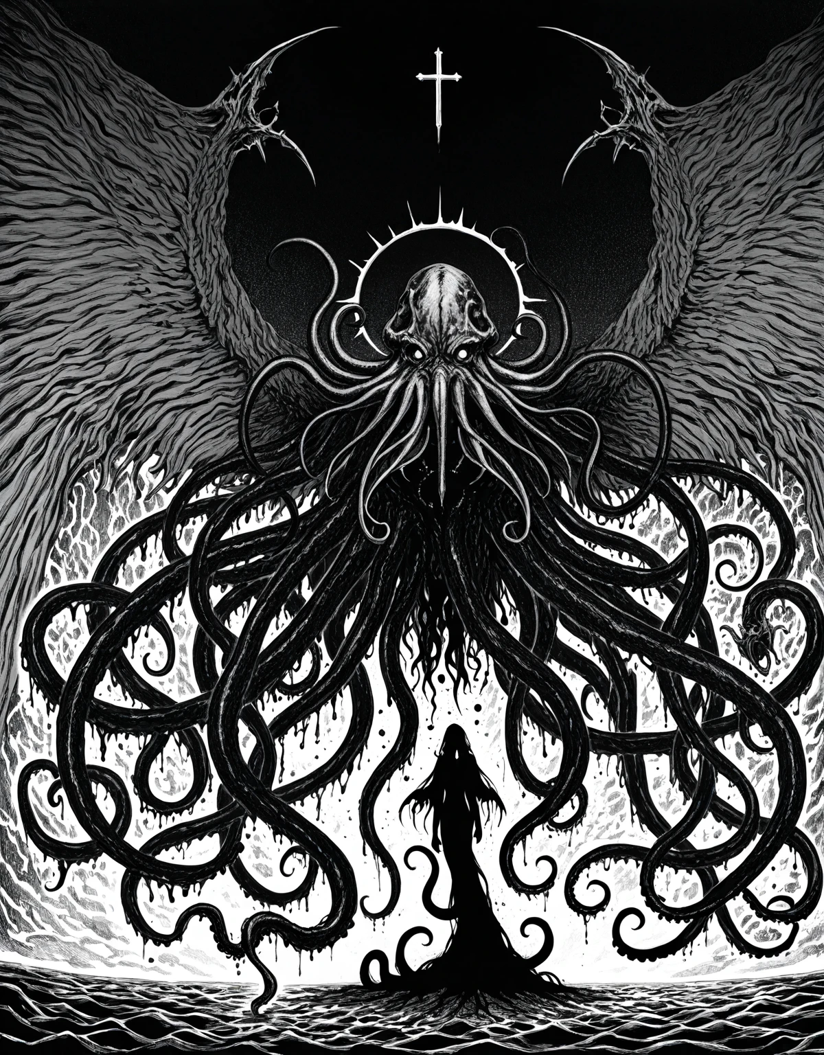 lineart, monochrome, dread, body horror, gothic, horror, surreal, terror, fear, despair, cosmic horror, eldritch, lovecraftian, visceral, tentacles, nightmare, hell, demonic, monsterous humanoid, fantasy, dreamlike, dramatic <lora:animeLineartStyle_v20Offset:1>