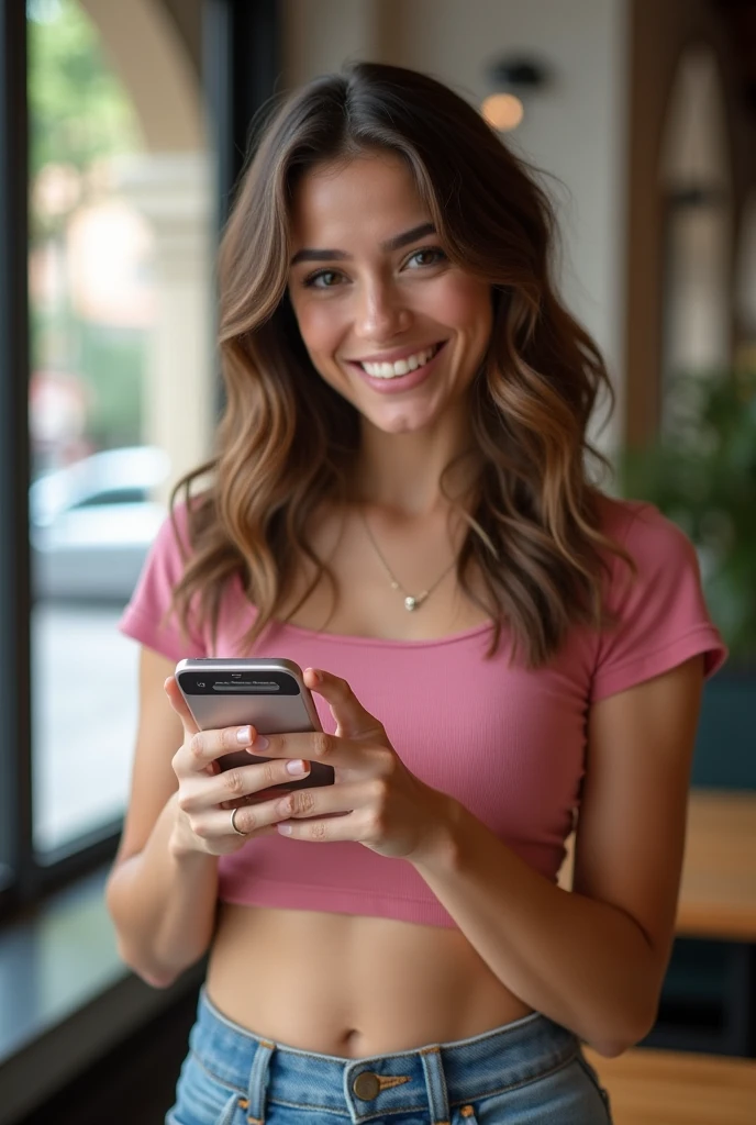 4K, ultra realistic, A Brazilian woman, pretty, attractive smile, wearing casual clothes, homeoffice, working, white background, holding smartphone, photoshoot in a photo studio.
