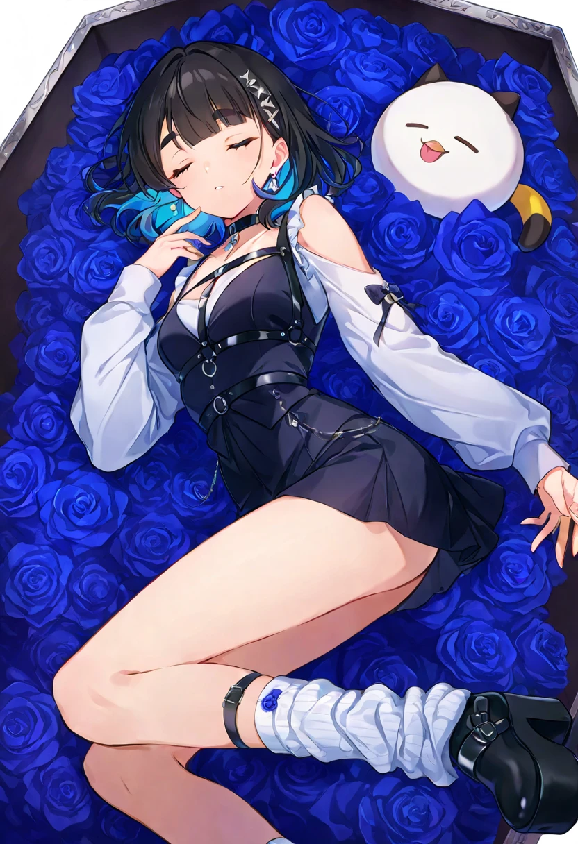 ((highest quality)), ((masterpiece)), (Get used to it), Perfect Face , beautiful girl , Beautiful long dark blue hair , Beautiful dark blue eyes , In underwear ,  Blue roses scattered , Lying in bed ,