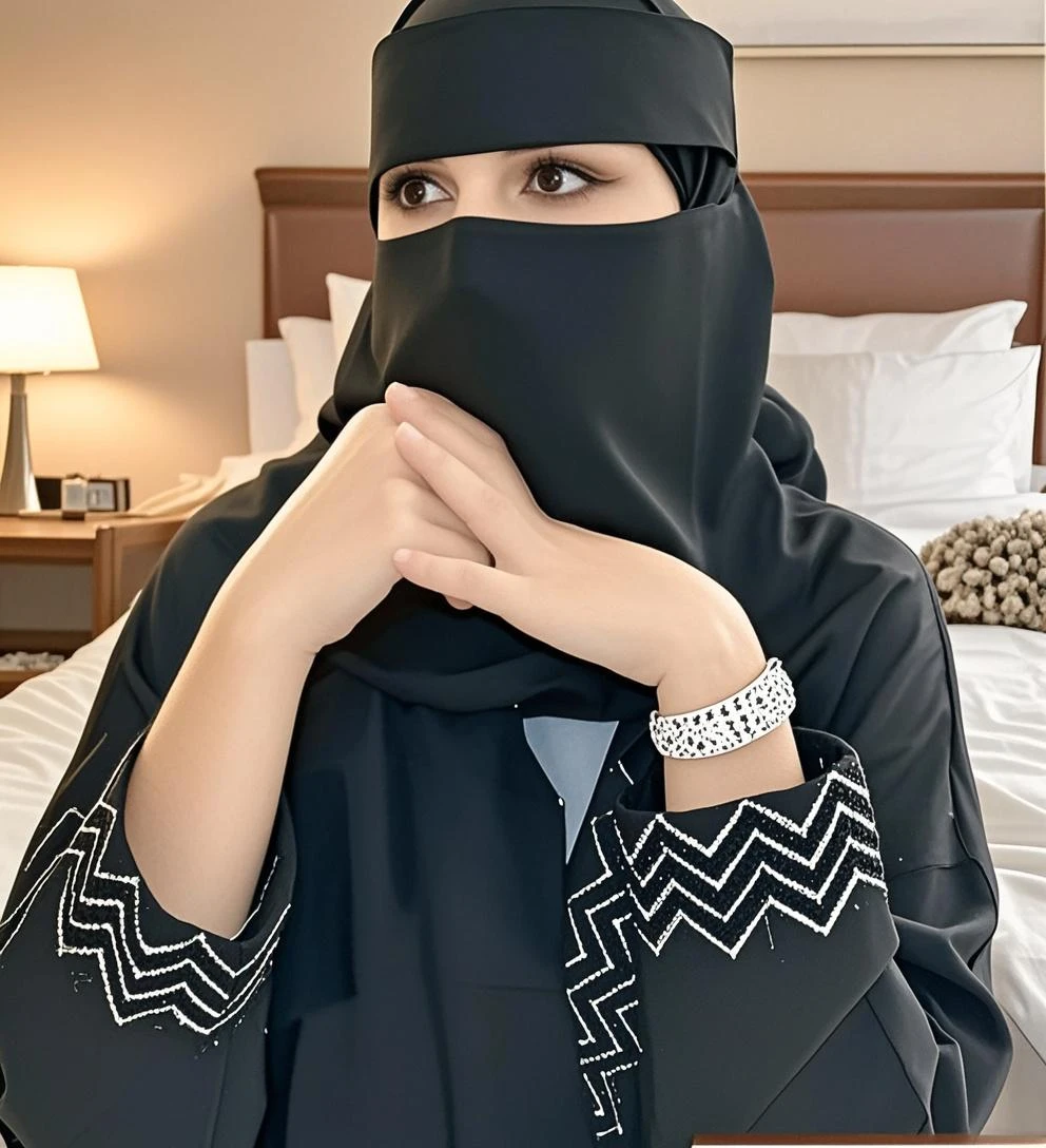 8K, high quality, nice lighting, soft lighting, realistic, dark eyes, sexy, big breasts, thighs, wide hips, arabic dress, black dress, Jewelry, sexy lady, asian, hijab, niqab, sexy pose, showing big thighs, nice body, natural largest breast, wearing rings for woman, office girl, sexy posing,