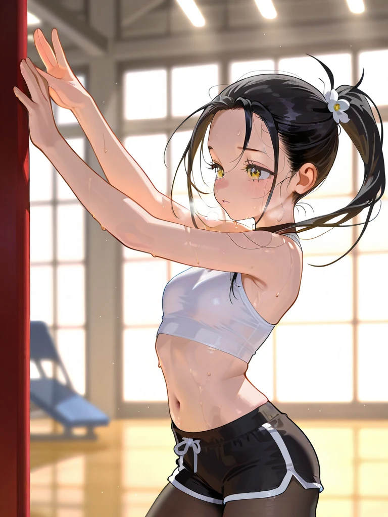 The face and upper body of a sweaty young dancer girl who keeps dancing with all her might while panting heavily.,A small cleavage glistening with sweat,Drenched with large drops of sweat