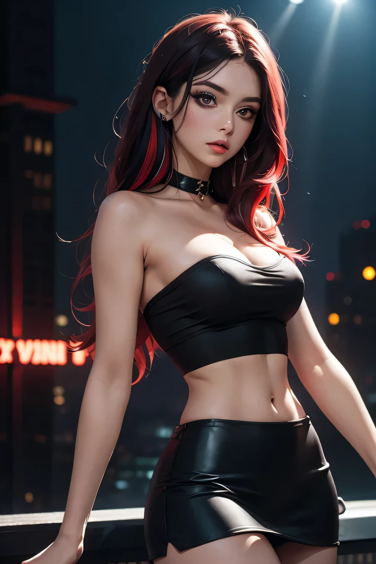 Photorealistic, Ultra realistic, 16k, high quality, cinematic lights, dream atmosphere, dream aesthetic, 1girl, scarlet-red hair, realistic silky hair(red), cute pale-turquoise eyes (shiny look), long flowing hair(realistic), gothic makeup, pale-white skin illuminated, realistic textured skin, realistic shading, alternative outfit, cleavage, large natural breasts, (black crop top:1.2), bare shoulders, black midriff, black miniskirt, realistic textures, belt, 16k resolution, detailed face and eyes, muscular female body, strong arms, lean belly, big hips, muscular thighs, thick legs, full body, realistic, style-paintmagic, different positions at different types of angles.