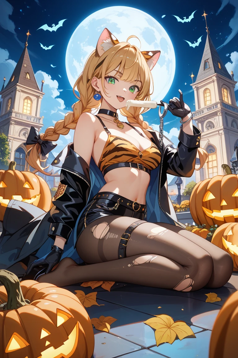 in 8K、top-quality、​masterpiece、ultra-detailliert、Ultra-high resolution、((1 persons))、girl with、Halloween、witch's hat、a blond、Braided hair、Black Dress、bare shoulders​、cleavage of the breast、makeups、eyeshadows、A bracelet、A bustling city、Sit on the roof、Black cat