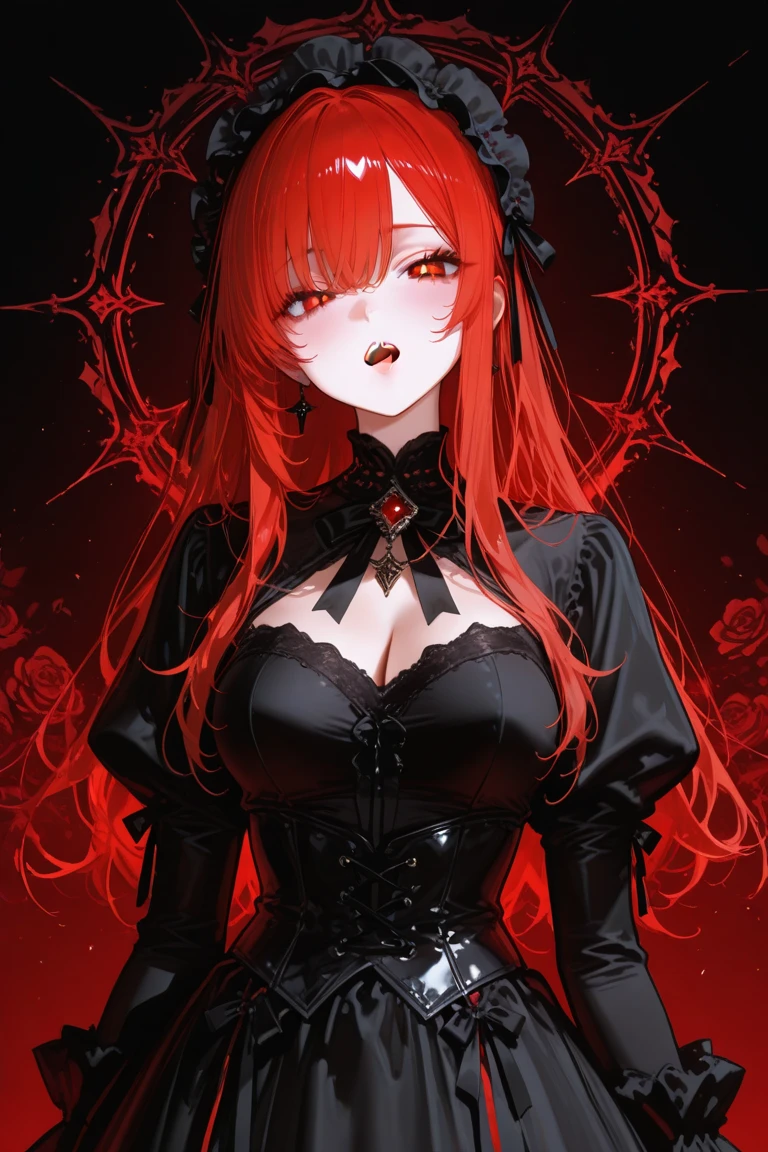 Arafed, dark fantasy art, glamour shot, award winning shot, photorealistic, a portrait of a female vampire drinking a ((glass of blood)), red hair, dynamic hair style , long hair, red lips, (glowing eyes: 1.5), dynamic eye color, dynamic color, she wears, an elegant (black dress: 1.5), catholic church and altar background, bar background, 16k, ultra detailed, masterpiece, best quality, (extremely detailed), rpg portrait, art by mooncryptowow, photograph, oil pastel, vampire teeth